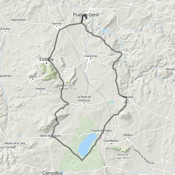 Miniatura della mappa di ispirazione al ciclismo "Il Giro delle Lagune della Provincia di Córdoba" nella regione di Andalucía, Spain. Generata da Tarmacs.app, pianificatore di rotte ciclistiche