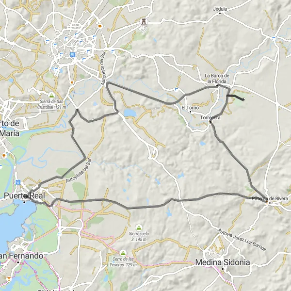 Miniature de la carte de l'inspiration cycliste "Les collines de Puerto Real" dans la Andalucía, Spain. Générée par le planificateur d'itinéraire cycliste Tarmacs.app