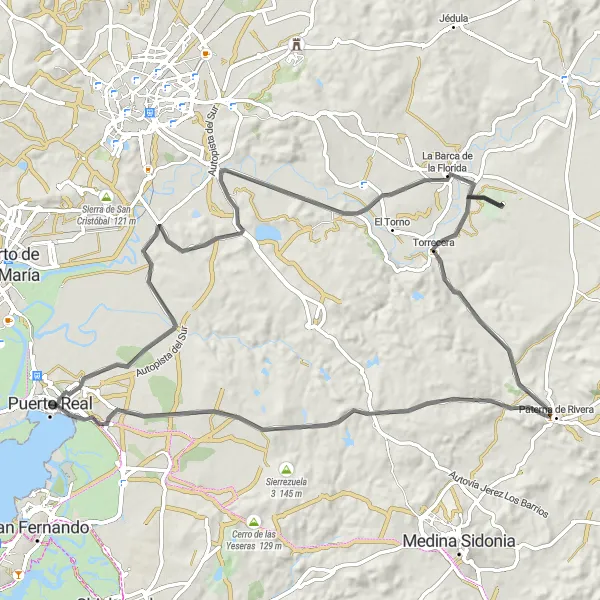 Map miniature of "The Ceuta Challenge" cycling inspiration in Andalucía, Spain. Generated by Tarmacs.app cycling route planner