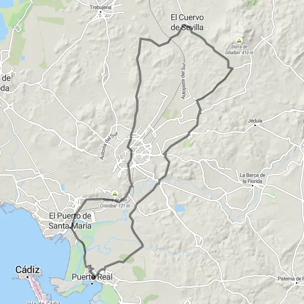 Karten-Miniaturansicht der Radinspiration "Rundtour nach Puerto Real" in Andalucía, Spain. Erstellt vom Tarmacs.app-Routenplaner für Radtouren
