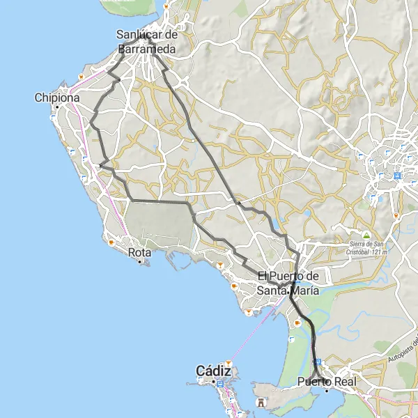 Miniaturní mapa "Kolem El Puerto de Santa María" inspirace pro cyklisty v oblasti Andalucía, Spain. Vytvořeno pomocí plánovače tras Tarmacs.app