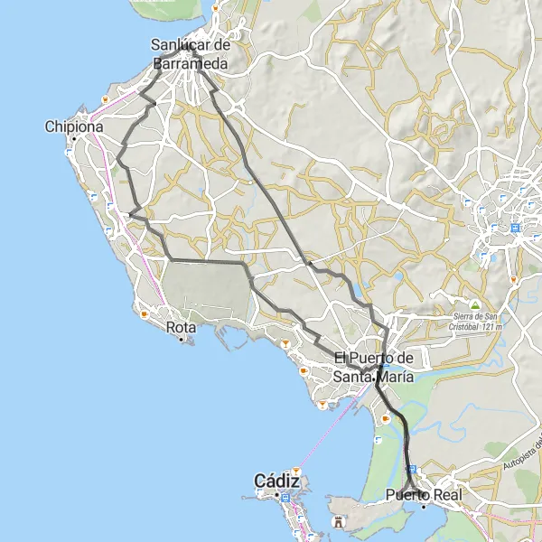 Map miniature of "Coastal Charms" cycling inspiration in Andalucía, Spain. Generated by Tarmacs.app cycling route planner