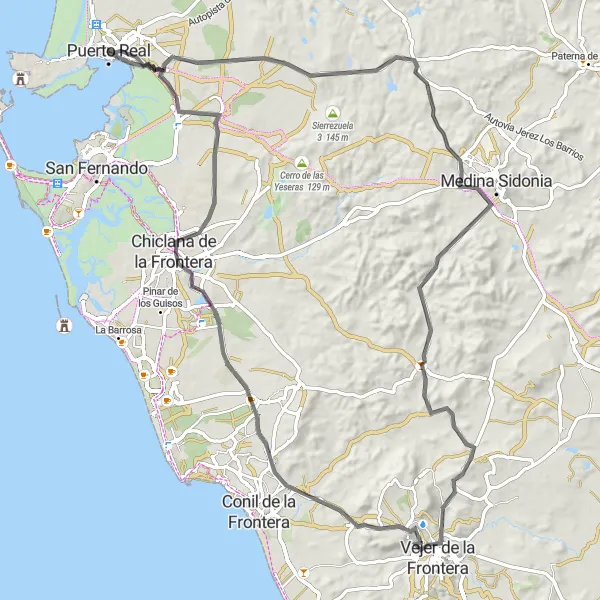 Miniaturní mapa "Cyklotrasa kolem Vejer de la Frontera" inspirace pro cyklisty v oblasti Andalucía, Spain. Vytvořeno pomocí plánovače tras Tarmacs.app