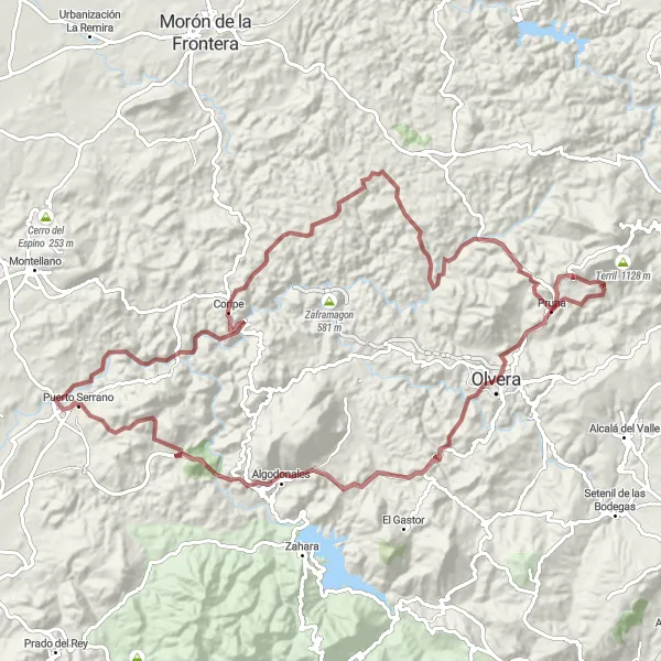 Miniaturní mapa "Gravelová cesta k Algodonales" inspirace pro cyklisty v oblasti Andalucía, Spain. Vytvořeno pomocí plánovače tras Tarmacs.app