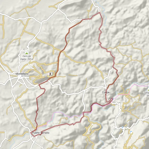 Miniaturní mapa "Gravelová cyklostezka kolem Puerto Serrano" inspirace pro cyklisty v oblasti Andalucía, Spain. Vytvořeno pomocí plánovače tras Tarmacs.app