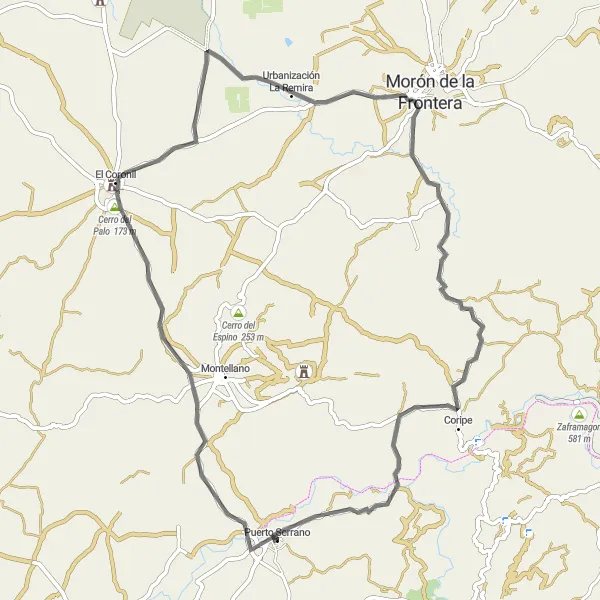 Miniaturní mapa "Cyklistická trasa okolo Puerto Serrano" inspirace pro cyklisty v oblasti Andalucía, Spain. Vytvořeno pomocí plánovače tras Tarmacs.app