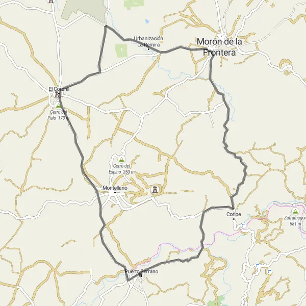 Miniatura della mappa di ispirazione al ciclismo "Tour in bicicletta su strada da Puerto Serrano a Morón de la Frontera" nella regione di Andalucía, Spain. Generata da Tarmacs.app, pianificatore di rotte ciclistiche