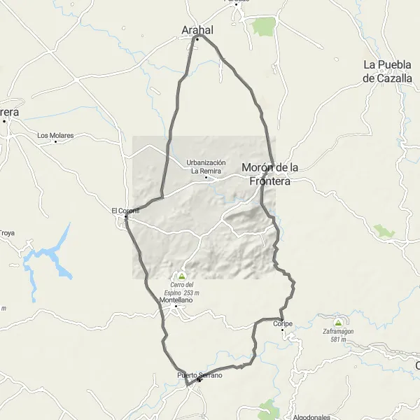 Miniaturní mapa "Panoramatická okružní cesta okolo Puerto Serrano" inspirace pro cyklisty v oblasti Andalucía, Spain. Vytvořeno pomocí plánovače tras Tarmacs.app