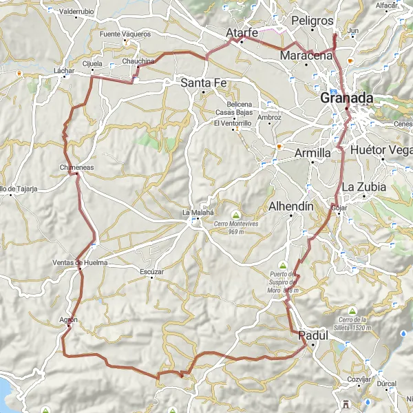 Miniatura della mappa di ispirazione al ciclismo "Giro in bicicletta attraverso i bei paesaggi di Pulianas" nella regione di Andalucía, Spain. Generata da Tarmacs.app, pianificatore di rotte ciclistiche