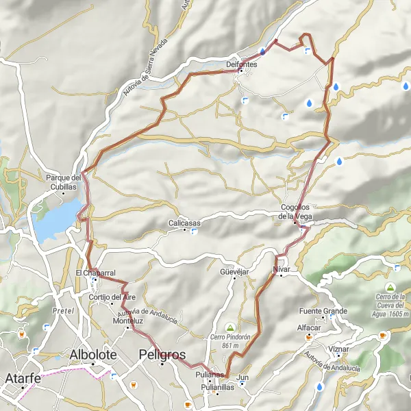 Miniatura della mappa di ispirazione al ciclismo "Percorso in bicicletta in gravel da Pulianas a Deifontes" nella regione di Andalucía, Spain. Generata da Tarmacs.app, pianificatore di rotte ciclistiche