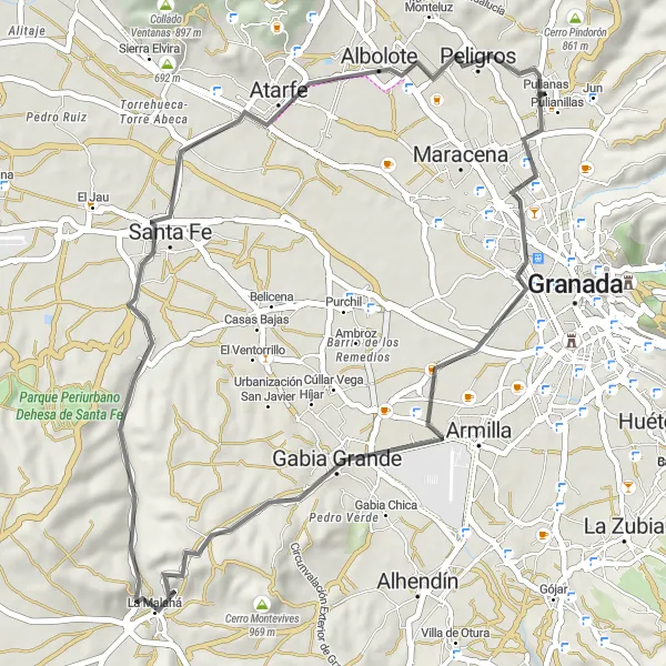 Miniatura della mappa di ispirazione al ciclismo "Avventura in bicicletta tra Gabia Grande e Atarfe" nella regione di Andalucía, Spain. Generata da Tarmacs.app, pianificatore di rotte ciclistiche