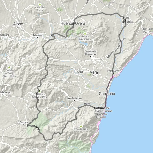 Miniatura della mappa di ispirazione al ciclismo "Cicloturismo tra paesaggi mozzafiato intorno a Pulpí" nella regione di Andalucía, Spain. Generata da Tarmacs.app, pianificatore di rotte ciclistiche