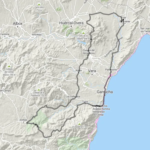 Miniatua del mapa de inspiración ciclista "Ruta de Las Herrerías a Pulpí" en Andalucía, Spain. Generado por Tarmacs.app planificador de rutas ciclistas