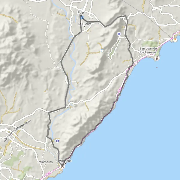 Miniature de la carte de l'inspiration cycliste "Route pittoresque de Pilar de Jaravía" dans la Andalucía, Spain. Générée par le planificateur d'itinéraire cycliste Tarmacs.app