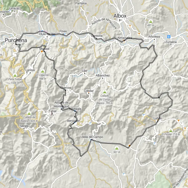 Map miniature of "Purchena Hill Climbing Road Challenge" cycling inspiration in Andalucía, Spain. Generated by Tarmacs.app cycling route planner