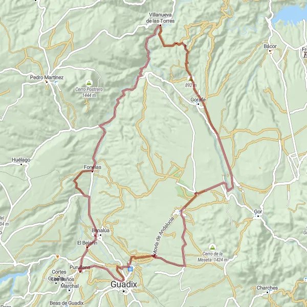 Miniatuurkaart van de fietsinspiratie "Gorafe en Guadix Gravelavontuur" in Andalucía, Spain. Gemaakt door de Tarmacs.app fietsrouteplanner