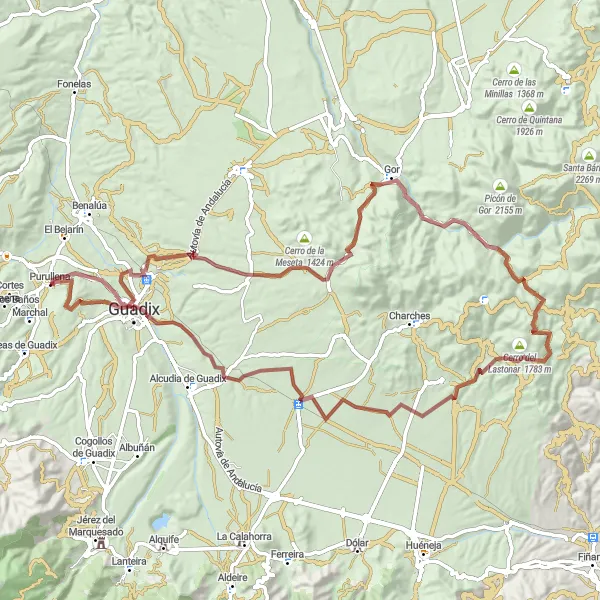 Miniatuurkaart van de fietsinspiratie "Gravelroute van Purullena naar Guadix" in Andalucía, Spain. Gemaakt door de Tarmacs.app fietsrouteplanner