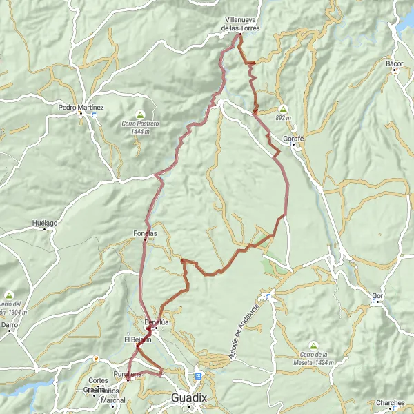 Map miniature of "Off-Road Adventure to Villanueva de las Torres" cycling inspiration in Andalucía, Spain. Generated by Tarmacs.app cycling route planner