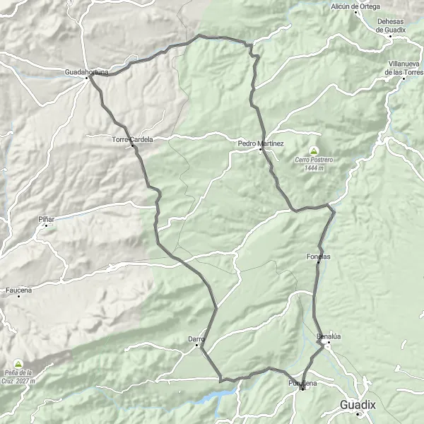 Miniatua del mapa de inspiración ciclista "Ruta de Purullena a Guadahortuna por la montaña" en Andalucía, Spain. Generado por Tarmacs.app planificador de rutas ciclistas