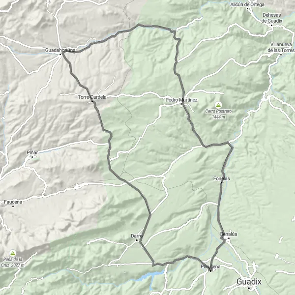 Map miniature of "The Natural Beauty of Darro and Guadahortuna" cycling inspiration in Andalucía, Spain. Generated by Tarmacs.app cycling route planner