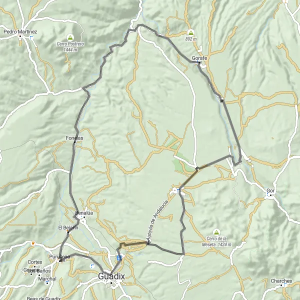 Karten-Miniaturansicht der Radinspiration "Versteckte Schätze in der Umgebung von Purullena" in Andalucía, Spain. Erstellt vom Tarmacs.app-Routenplaner für Radtouren