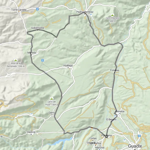 Miniature de la carte de l'inspiration cycliste "Route pittoresque autour de Purullena" dans la Andalucía, Spain. Générée par le planificateur d'itinéraire cycliste Tarmacs.app