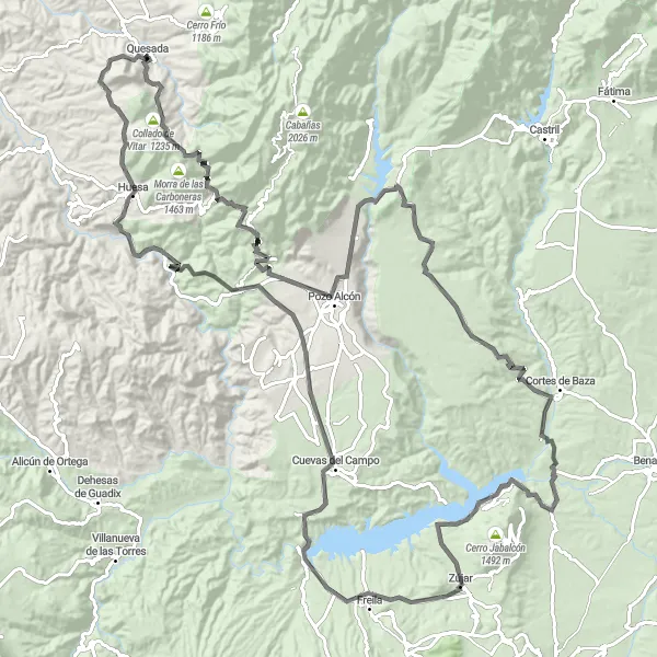 Miniatura della mappa di ispirazione al ciclismo "Avventurosa pedalata da Quesada a Huesa" nella regione di Andalucía, Spain. Generata da Tarmacs.app, pianificatore di rotte ciclistiche