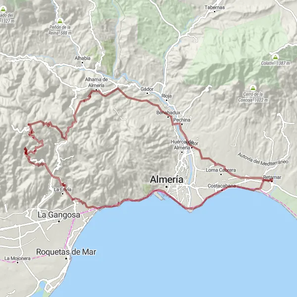 Miniaturní mapa "Challenging gravel loop to Benahadux" inspirace pro cyklisty v oblasti Andalucía, Spain. Vytvořeno pomocí plánovače tras Tarmacs.app