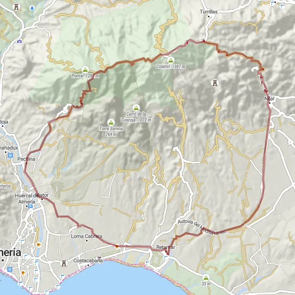 Miniaturní mapa "Gravel Trasa rodůjem okolí Retamaru" inspirace pro cyklisty v oblasti Andalucía, Spain. Vytvořeno pomocí plánovače tras Tarmacs.app