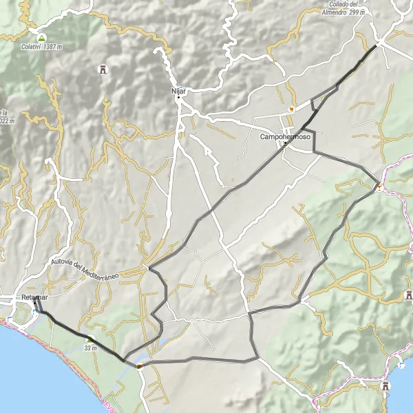 Map miniature of "Retamar to Mirador de Las Amoladeras" cycling inspiration in Andalucía, Spain. Generated by Tarmacs.app cycling route planner