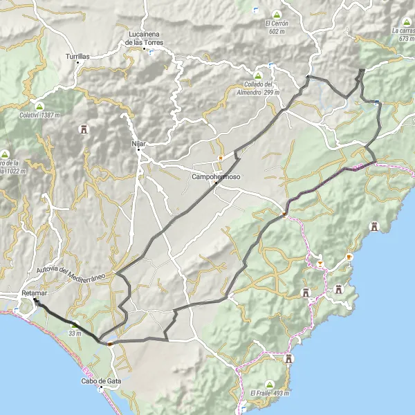 Map miniature of "Las Amoladeras Loop" cycling inspiration in Andalucía, Spain. Generated by Tarmacs.app cycling route planner