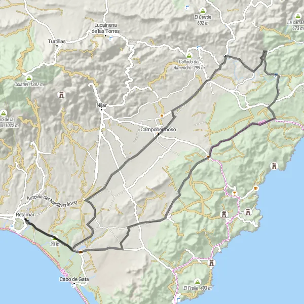 Miniatuurkaart van de fietsinspiratie "Ronde van Retamar en de Mirador de Las Amoladeras" in Andalucía, Spain. Gemaakt door de Tarmacs.app fietsrouteplanner