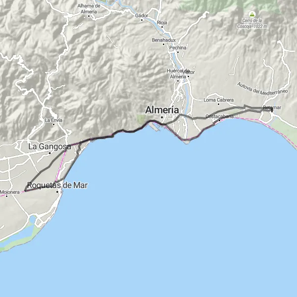 Miniature de la carte de l'inspiration cycliste "Route de la Costa" dans la Andalucía, Spain. Générée par le planificateur d'itinéraire cycliste Tarmacs.app
