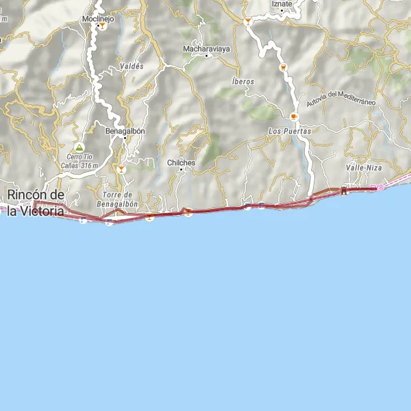 Miniaturní mapa "Gravelová cesta kolem Rincón de la Victoria" inspirace pro cyklisty v oblasti Andalucía, Spain. Vytvořeno pomocí plánovače tras Tarmacs.app