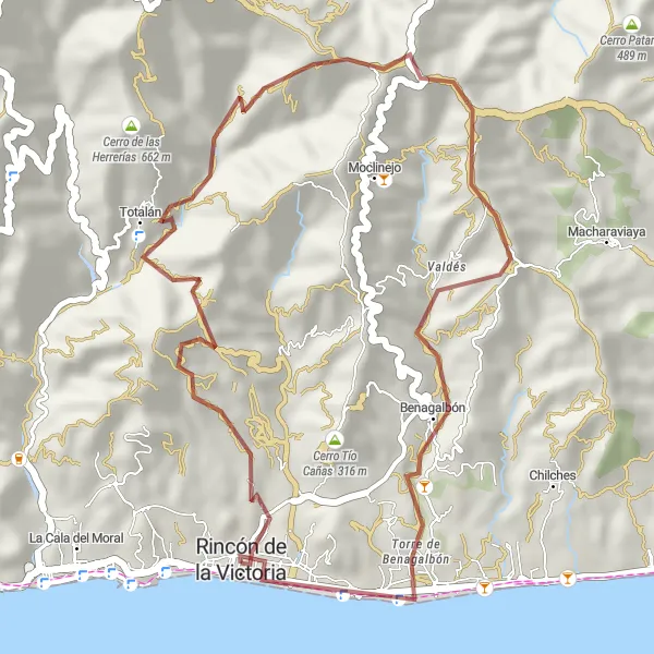 Map miniature of "Coast and Historical Sites" cycling inspiration in Andalucía, Spain. Generated by Tarmacs.app cycling route planner