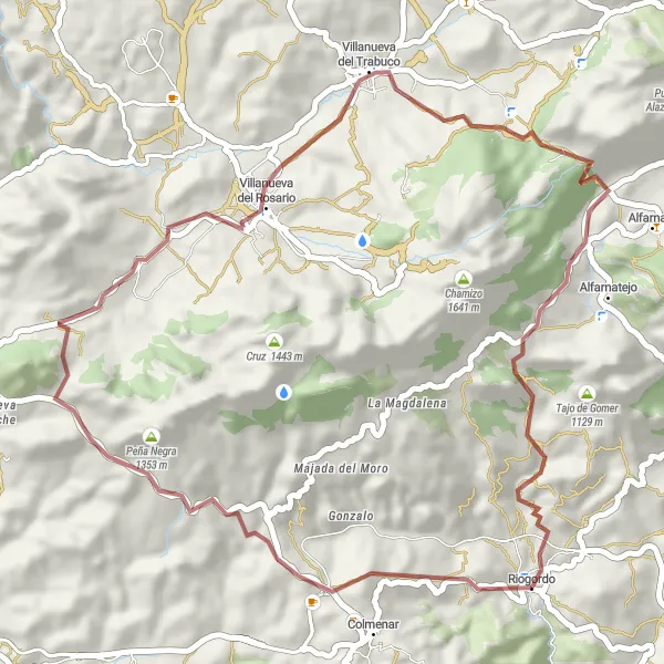 Miniatura della mappa di ispirazione al ciclismo "Tour delle montagne di Ríogordo" nella regione di Andalucía, Spain. Generata da Tarmacs.app, pianificatore di rotte ciclistiche