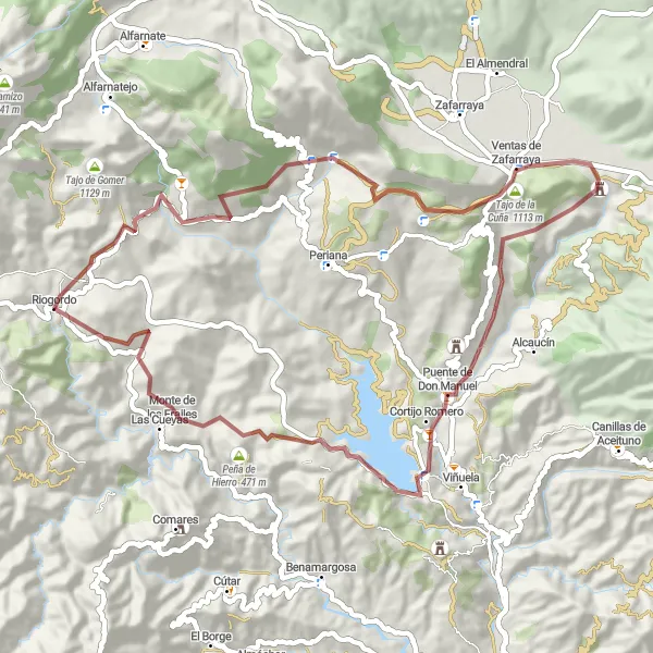 Miniature de la carte de l'inspiration cycliste "Au cœur de la Sierra de Riogordo" dans la Andalucía, Spain. Générée par le planificateur d'itinéraire cycliste Tarmacs.app