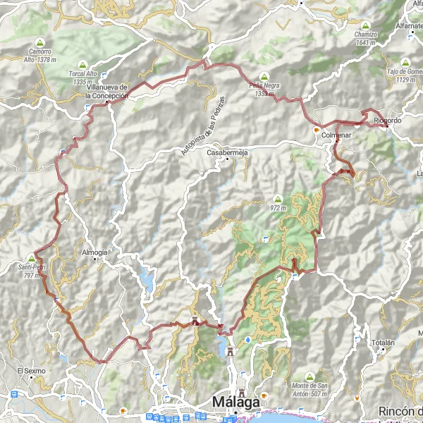Miniatura della mappa di ispirazione al ciclismo "Sfida in mountain bike attraverso le montagne della provincia di Málaga" nella regione di Andalucía, Spain. Generata da Tarmacs.app, pianificatore di rotte ciclistiche
