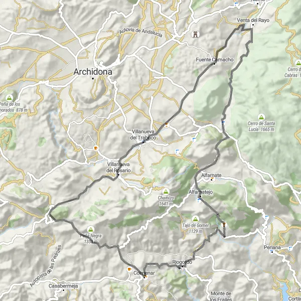 Miniatuurkaart van de fietsinspiratie "Verken de Bergen van Ríogordo per Fiets" in Andalucía, Spain. Gemaakt door de Tarmacs.app fietsrouteplanner