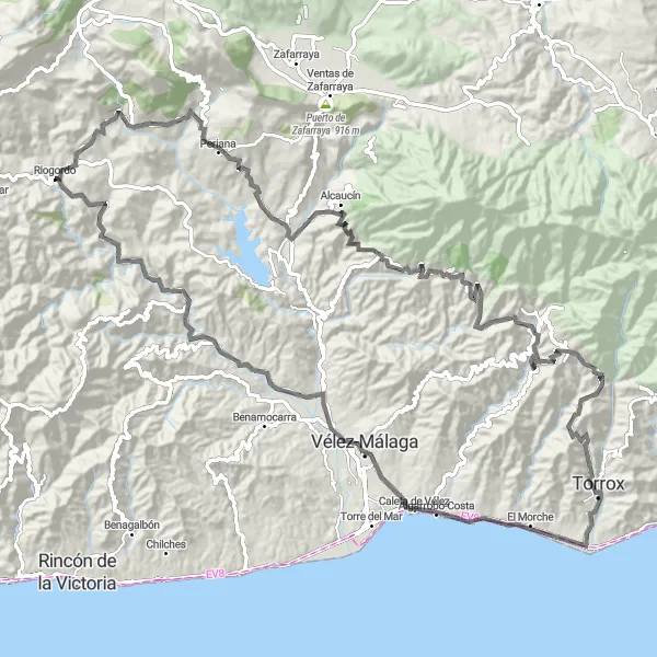 Miniatura della mappa di ispirazione al ciclismo "Sfida su Strada da Periana a Peña de Hierro" nella regione di Andalucía, Spain. Generata da Tarmacs.app, pianificatore di rotte ciclistiche