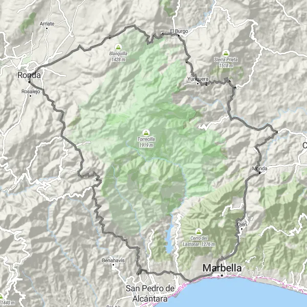 Miniature de la carte de l'inspiration cycliste "Circuit de la Sierra de Las Nieves" dans la Andalucía, Spain. Générée par le planificateur d'itinéraire cycliste Tarmacs.app