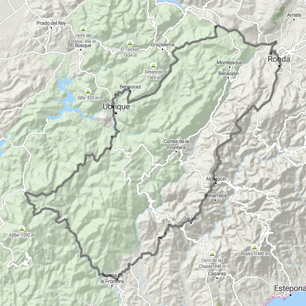 Karten-Miniaturansicht der Radinspiration "Große Ronda-Rundfahrt nach Ubrique" in Andalucía, Spain. Erstellt vom Tarmacs.app-Routenplaner für Radtouren