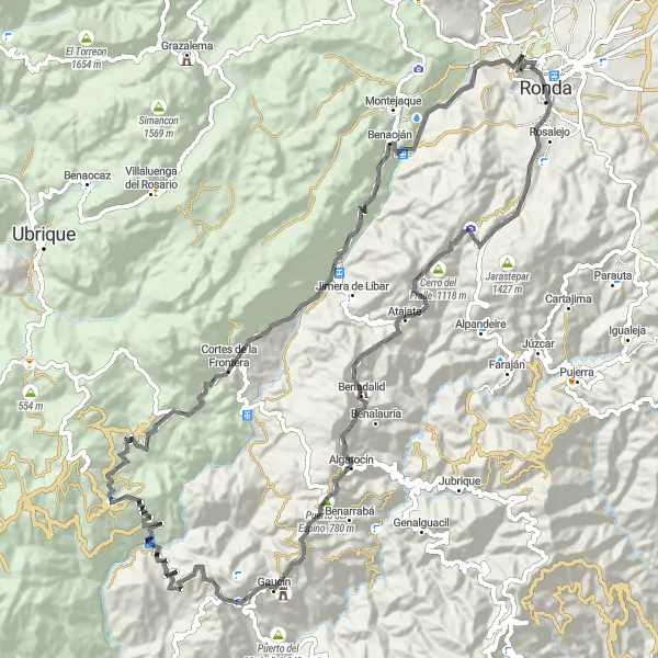 Miniatuurkaart van de fietsinspiratie "Ronda - Cortes de la Frontera en terug" in Andalucía, Spain. Gemaakt door de Tarmacs.app fietsrouteplanner