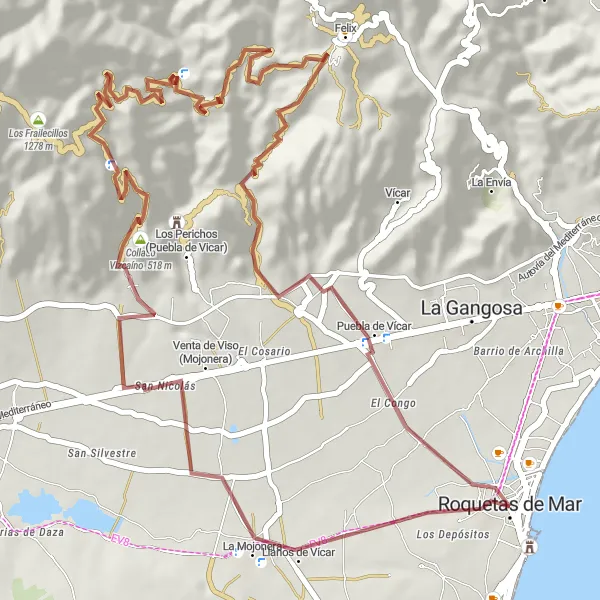 Miniaturní mapa "Gravel: La Mojonera - Felix - Traduces" inspirace pro cyklisty v oblasti Andalucía, Spain. Vytvořeno pomocí plánovače tras Tarmacs.app
