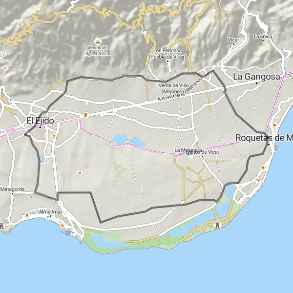 Miniatura mapy "Przyjemna przejażdżka po okolicach Roquetas de Mar" - trasy rowerowej w Andalucía, Spain. Wygenerowane przez planer tras rowerowych Tarmacs.app