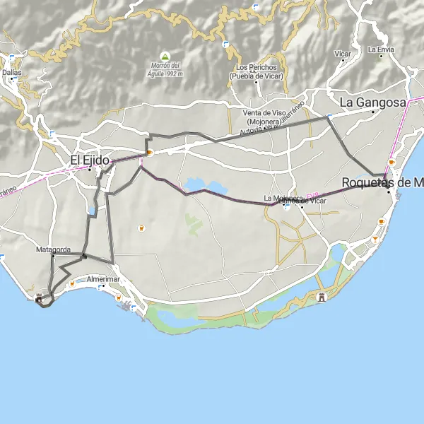 Miniatura mapy "Trasa turystyczna po drogach dla rowerów koło Roquetas de Mar" - trasy rowerowej w Andalucía, Spain. Wygenerowane przez planer tras rowerowych Tarmacs.app