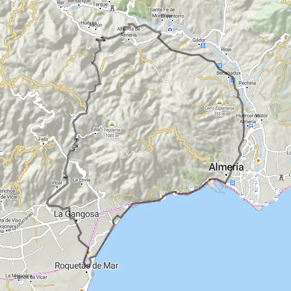 Miniatura mapy "Wyprawa rowerowa po drogach wokół Roquetas de Mar" - trasy rowerowej w Andalucía, Spain. Wygenerowane przez planer tras rowerowych Tarmacs.app