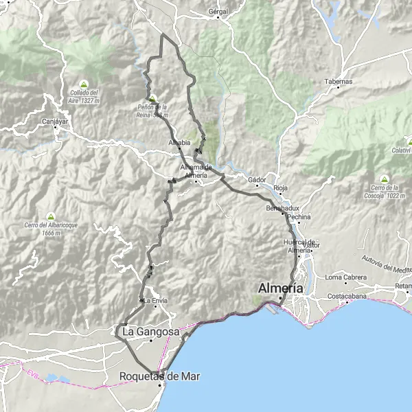 Miniatura mapy "Wyzwanie rowerowe wokół Roquetas de Mar" - trasy rowerowej w Andalucía, Spain. Wygenerowane przez planer tras rowerowych Tarmacs.app