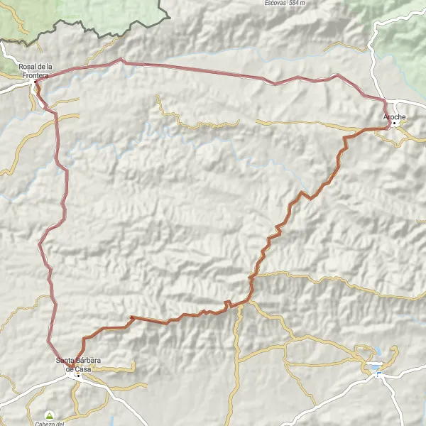 Miniaturní mapa "Gravel cyklistická trasa Rosal de la Frontera - Santa Bárbara de Casa" inspirace pro cyklisty v oblasti Andalucía, Spain. Vytvořeno pomocí plánovače tras Tarmacs.app