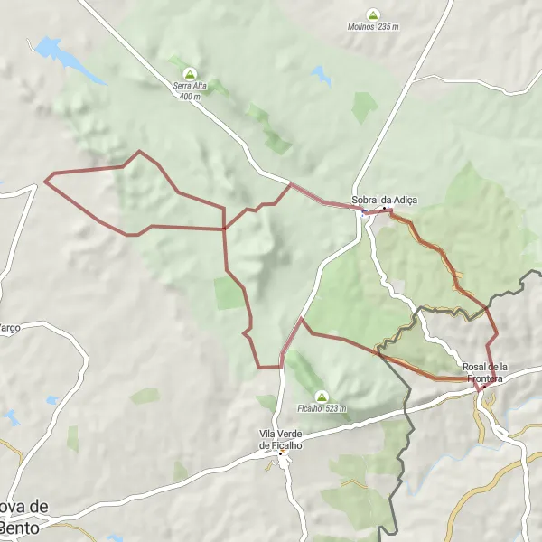 Miniaturní mapa "Gravel cyklistická trasa Rosal de la Frontera - Sobral da Adiça" inspirace pro cyklisty v oblasti Andalucía, Spain. Vytvořeno pomocí plánovače tras Tarmacs.app